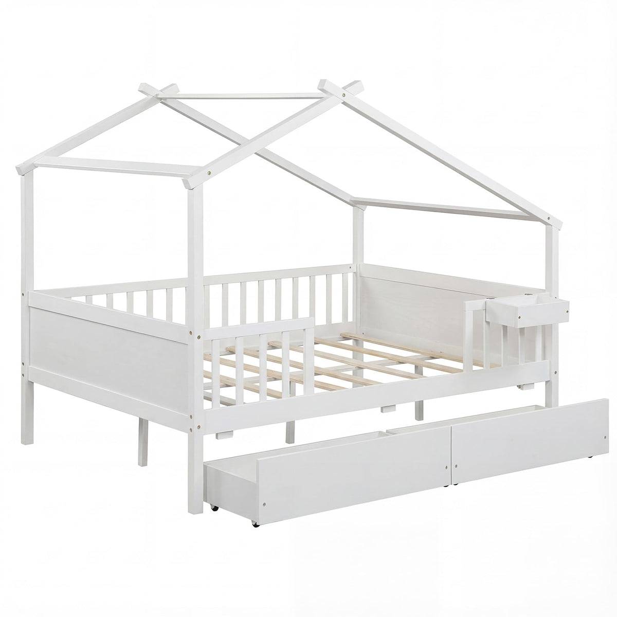 Full Size House Bed with Roof and Fence Rails for Kid-White-Simple Bed Frame-DECOROLALA
