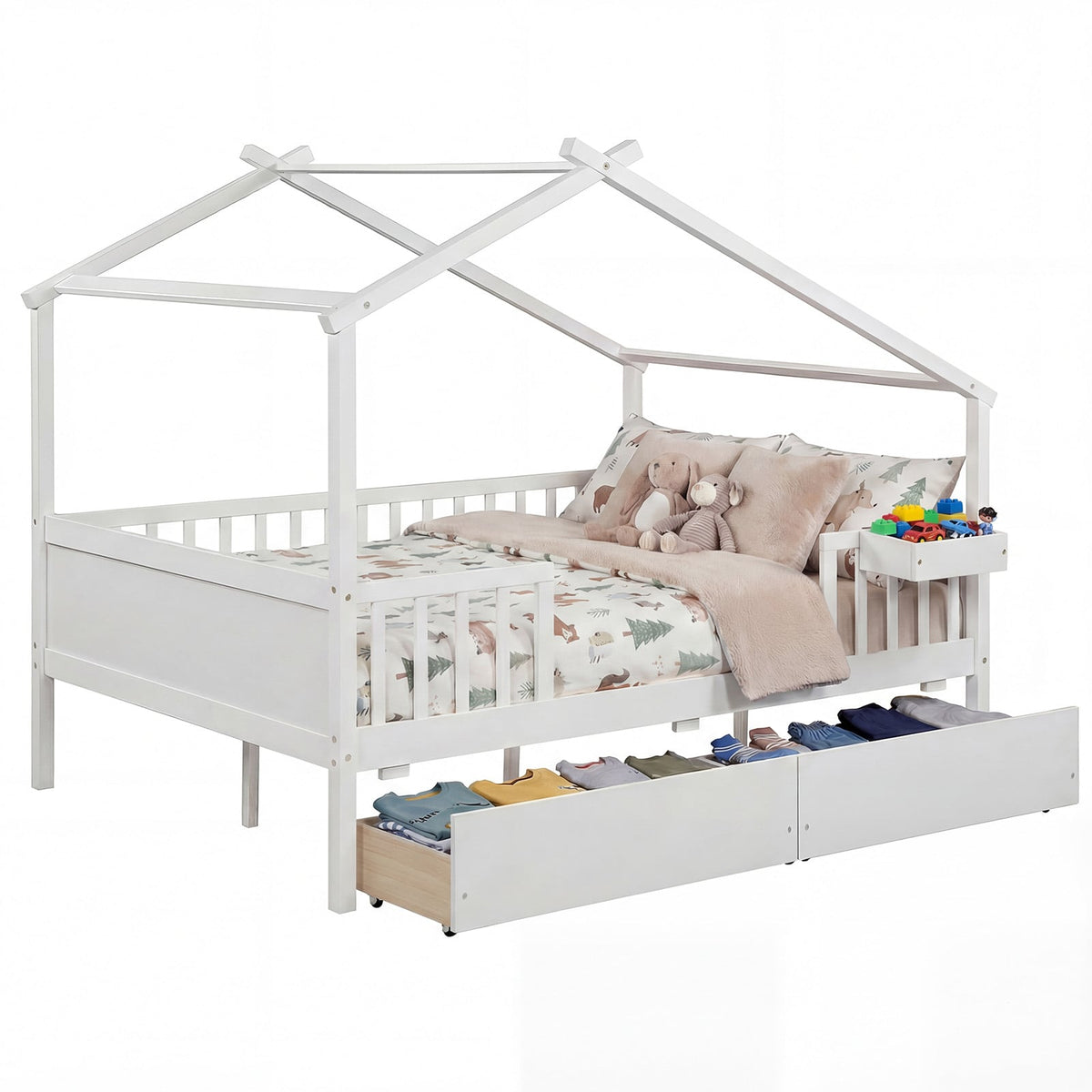 Full Size House Bed with Roof and Fence Rails for Kid-White-Simple Bed Frame-DECOROLALA