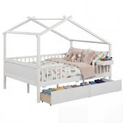 Full Size House Bed with Roof and Fence Rails for Kid-White-Simple Bed Frame-DECOROLALA