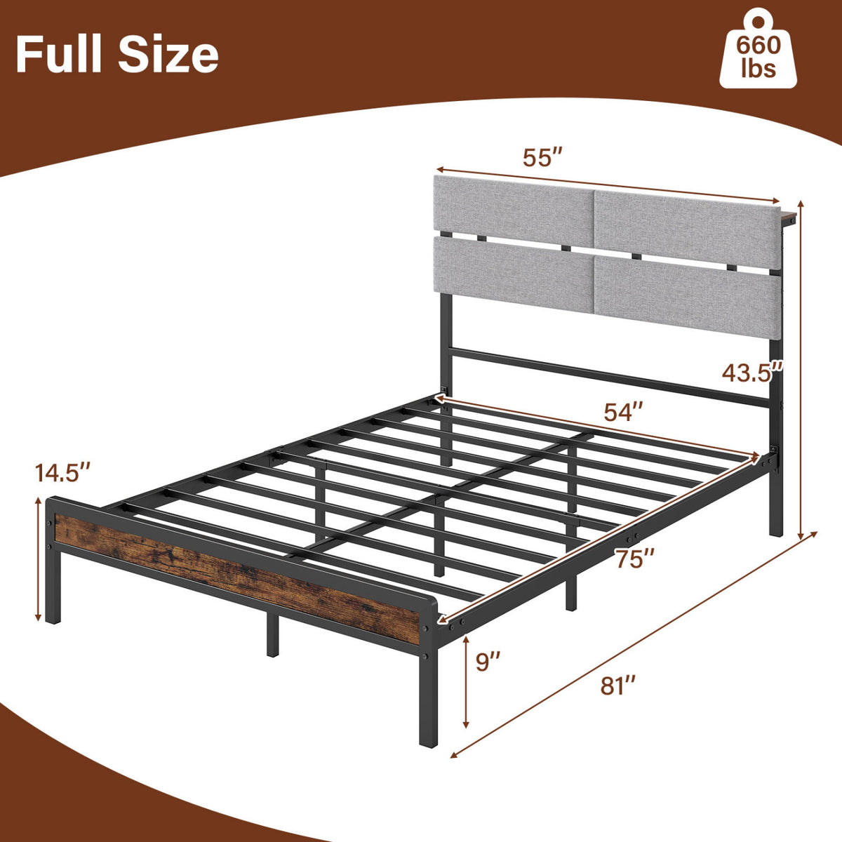Full Size Metal Bed Frame with LED Lights and Charging Station for Bedroom-Rustic Brown-Simple Bed Frame-DECOROLALA