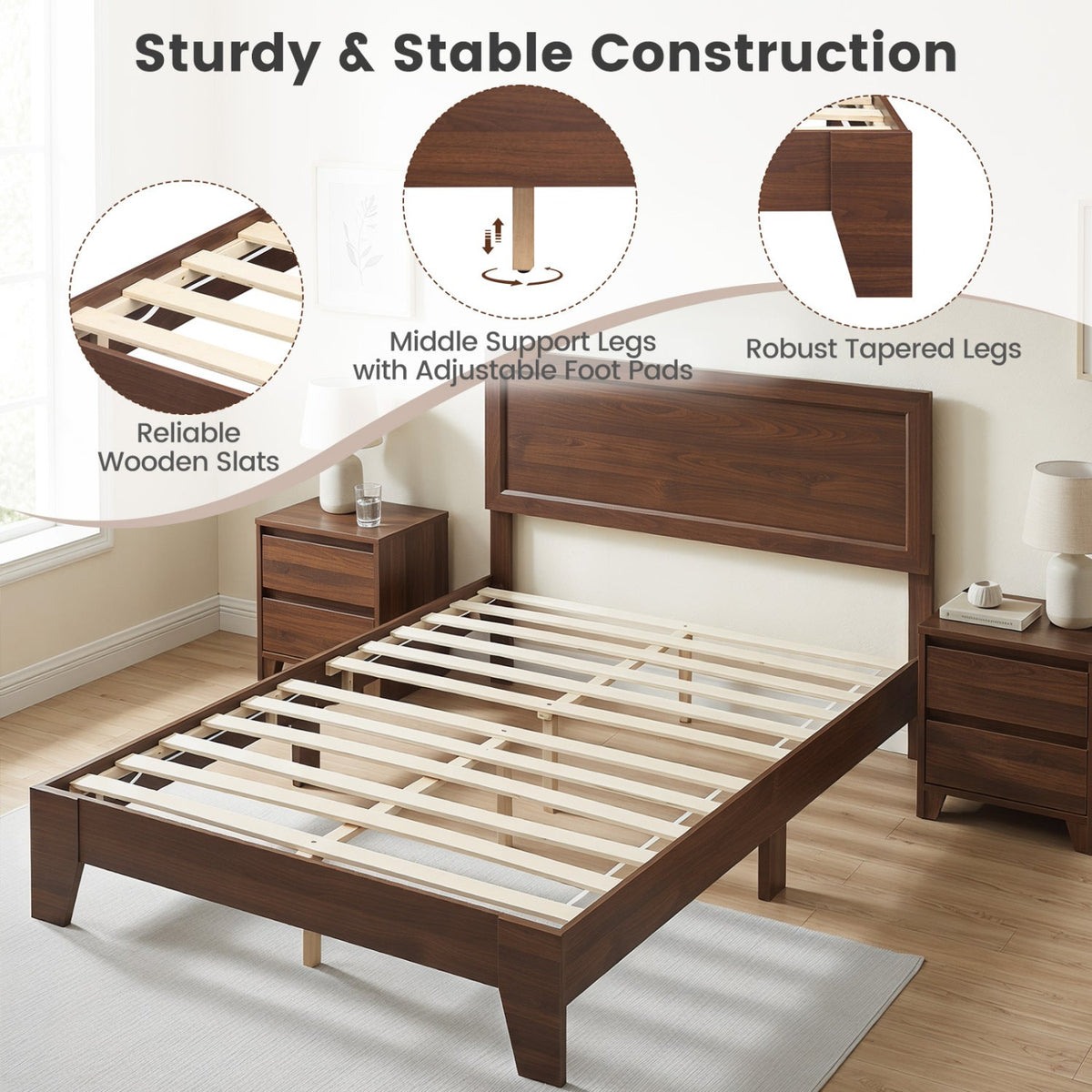 Full Size Modern Bed Frame with Headboard No Box Spring Needed-Simple Bed Frame-DECOROLALA