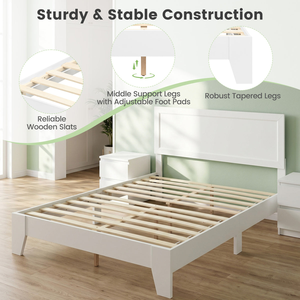Full Size Modern Bed Frame with Headboard No Box Spring Needed-White-Simple Bed Frame-DECOROLALA