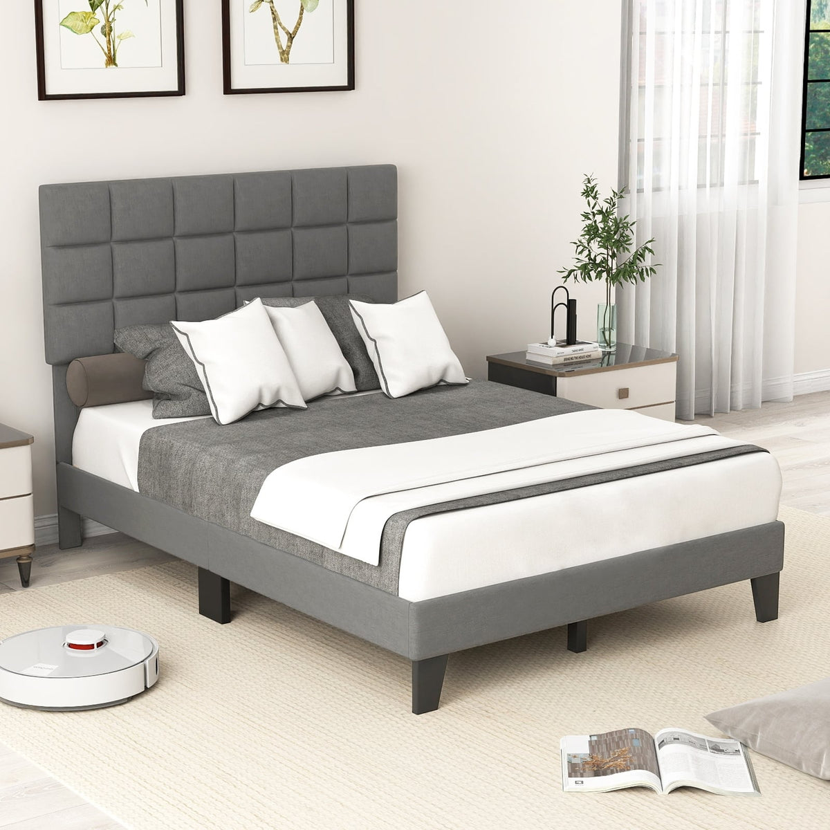 Full Size Modern Linen Bed Frame with Adjustable Headboard-Gray-Simple Bed Frame-DECOROLALA