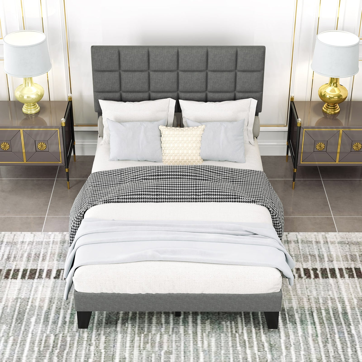 Full Size Modern Linen Bed Frame with Adjustable Headboard-Gray-Simple Bed Frame-DECOROLALA