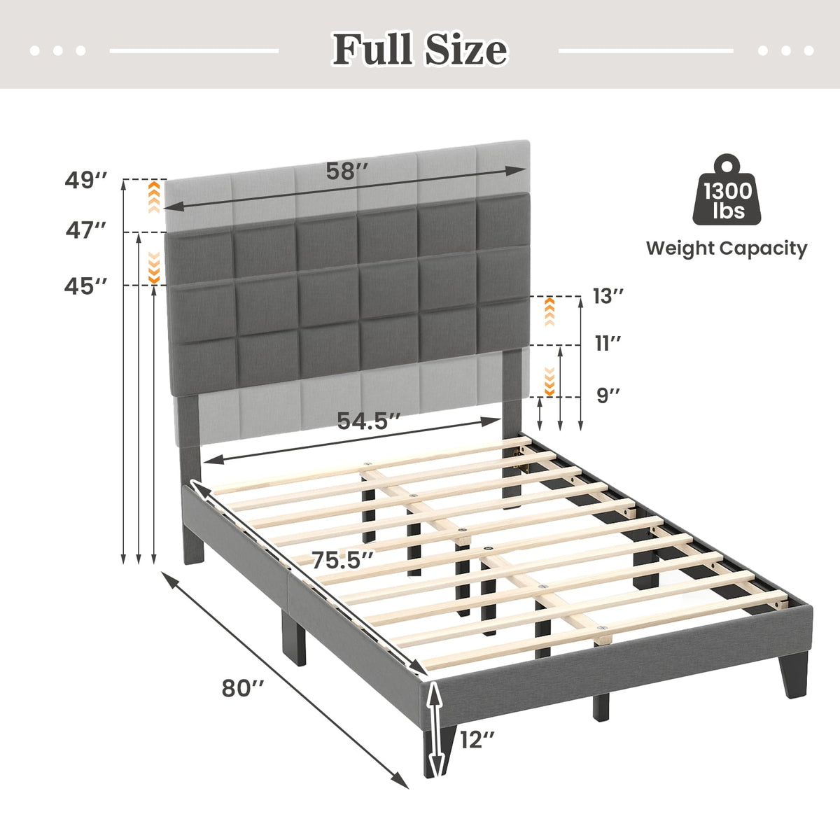 Full Size Modern Linen Bed Frame with Adjustable Headboard-Gray-Simple Bed Frame-DECOROLALA