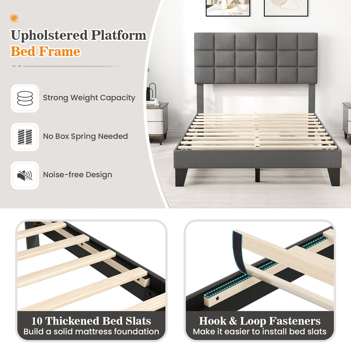 Full Size Modern Linen Bed Frame with Adjustable Headboard-Gray-Simple Bed Frame-DECOROLALA