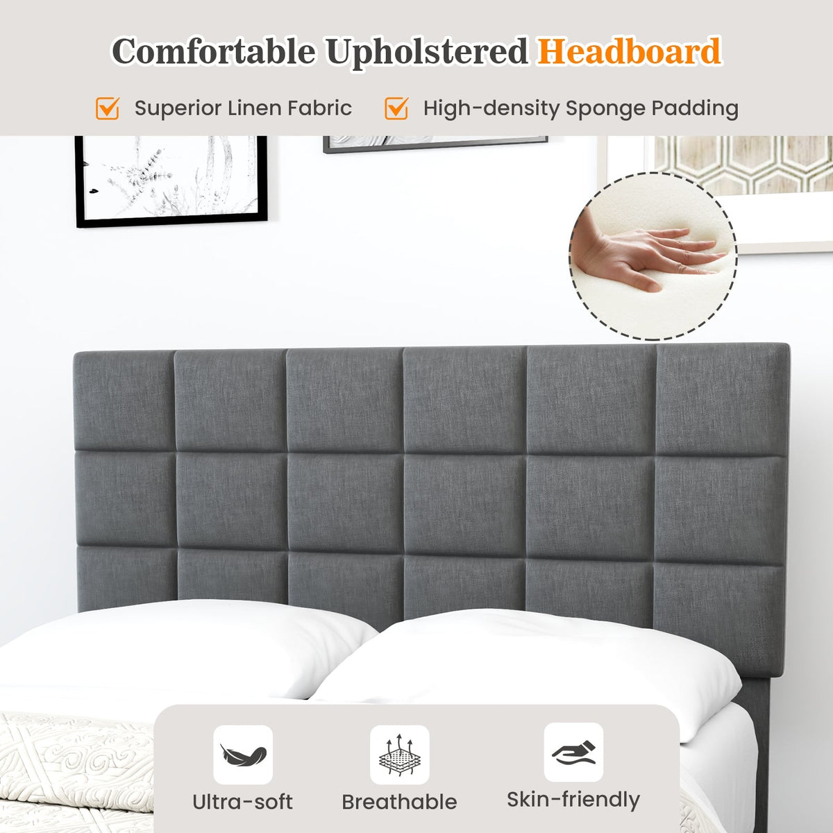 Full Size Modern Linen Bed Frame with Adjustable Headboard-Gray-Simple Bed Frame-DECOROLALA