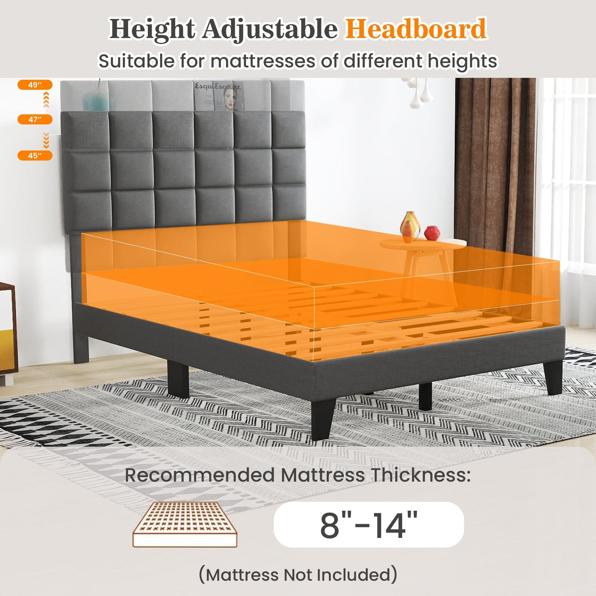 Full Size Modern Linen Bed Frame with Adjustable Headboard-Gray-Simple Bed Frame-DECOROLALA
