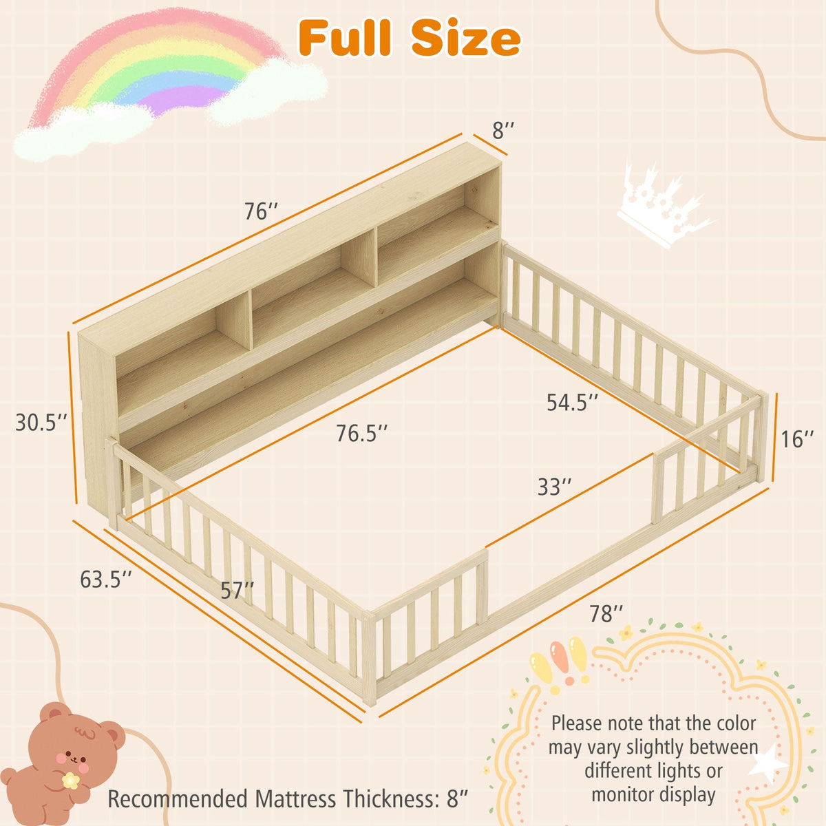 Full Size Montessori Floor Bed with Bookcase-Trundle Bed Frame-DECOROLALA