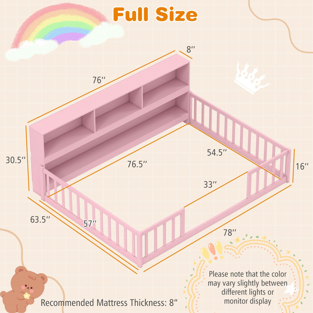 Full Size Montessori Floor Bed with Bookcase-Trundle Bed Frame-DECOROLALA