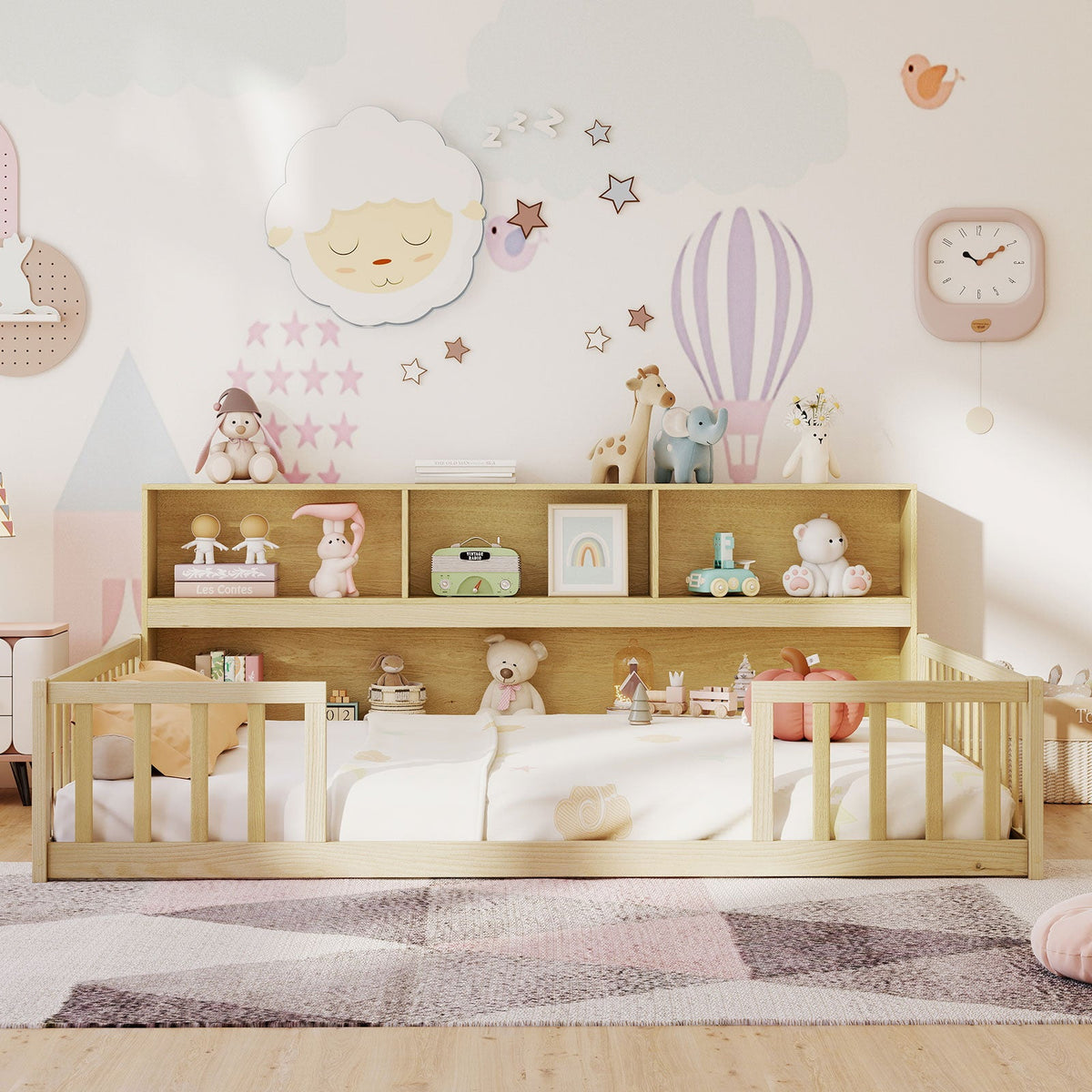 Full Size Montessori Floor Bed with Bookcase-Trundle Bed Frame-DECOROLALA