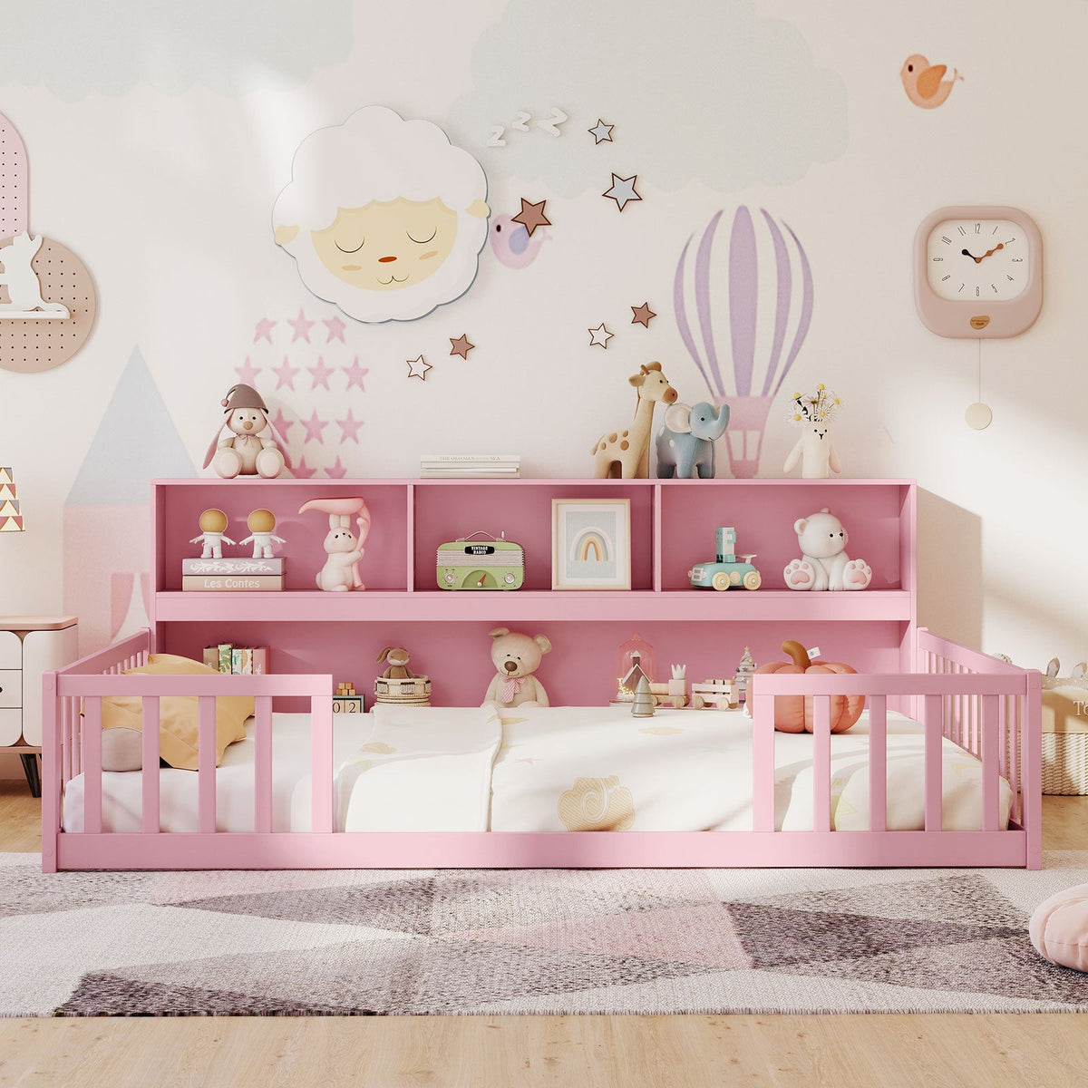 Full Size Montessori Floor Bed with Bookcase-Trundle Bed Frame-DECOROLALA