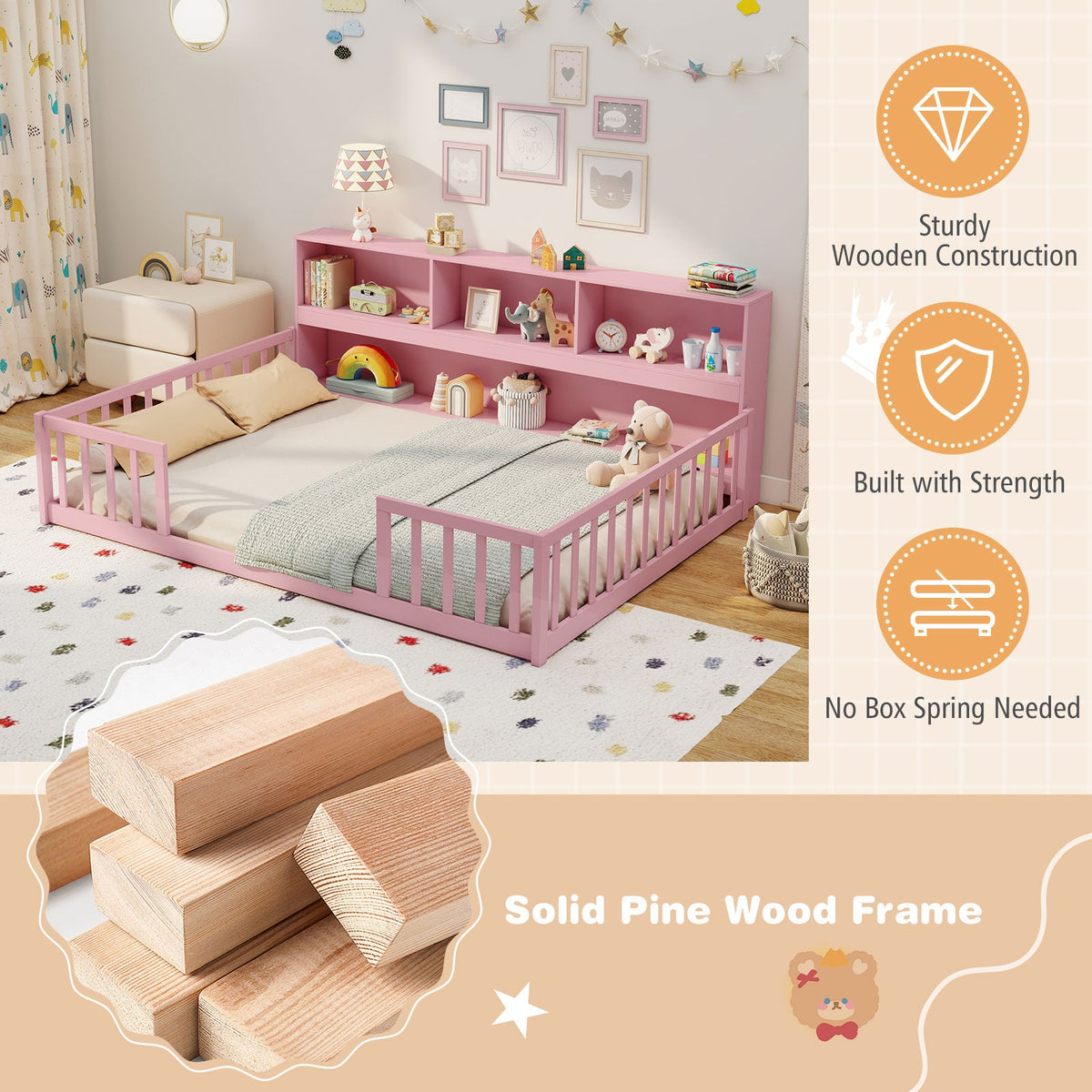 Full Size Montessori Floor Bed with Bookcase-Trundle Bed Frame-DECOROLALA