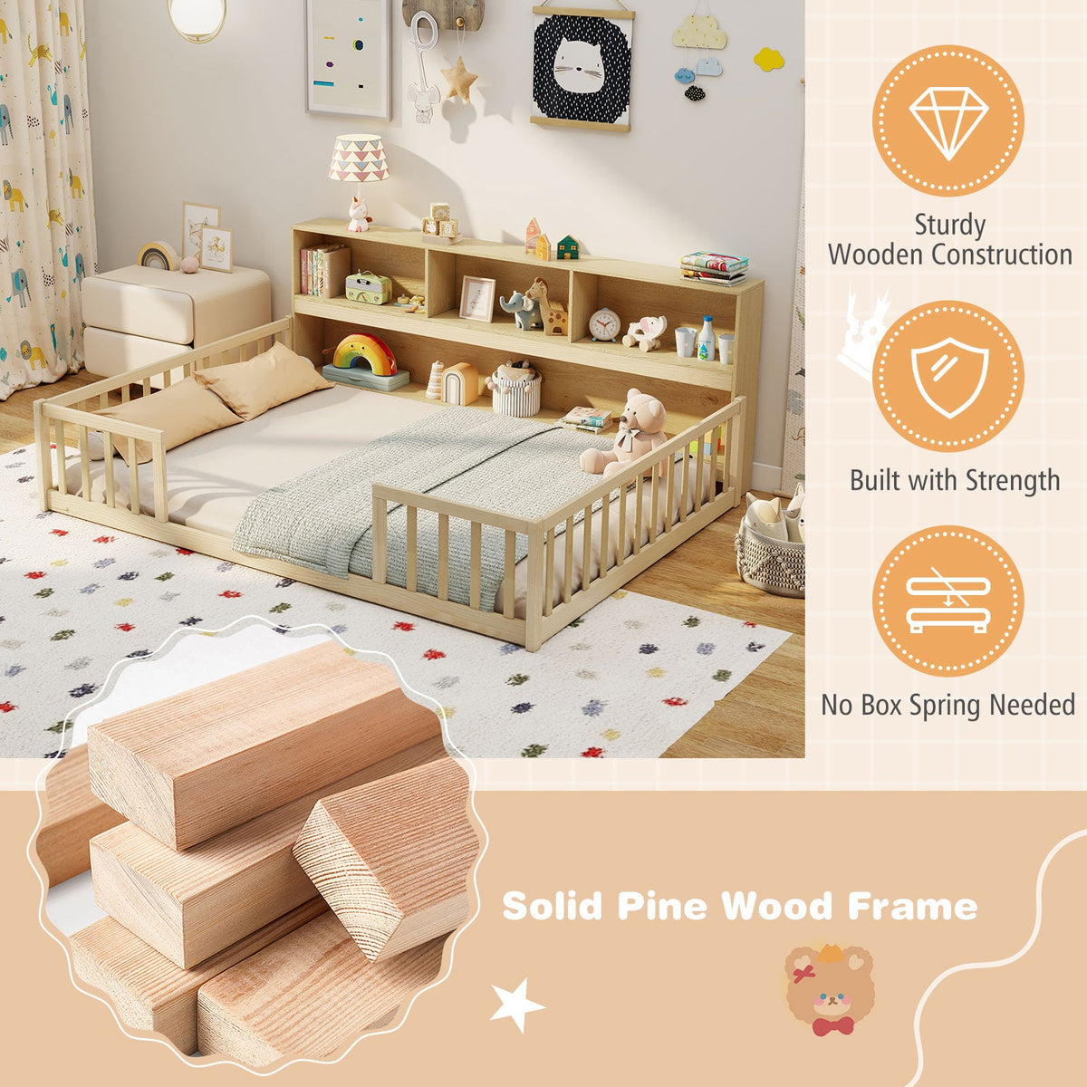 Full Size Montessori Floor Bed with Bookcase-Trundle Bed Frame-DECOROLALA