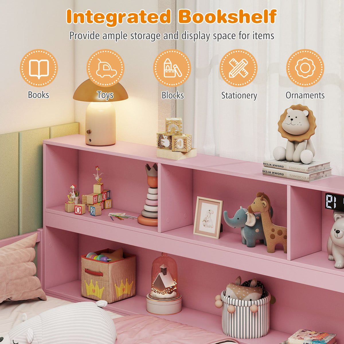 Full Size Montessori Floor Bed with Bookcase-Trundle Bed Frame-DECOROLALA