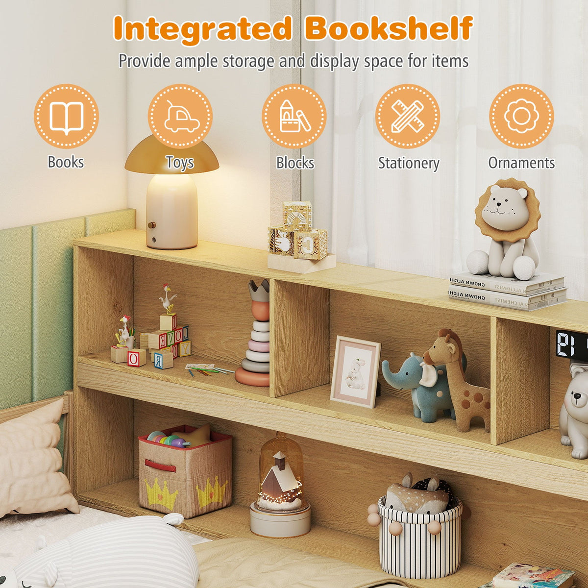 Full Size Montessori Floor Bed with Bookcase-Trundle Bed Frame-DECOROLALA