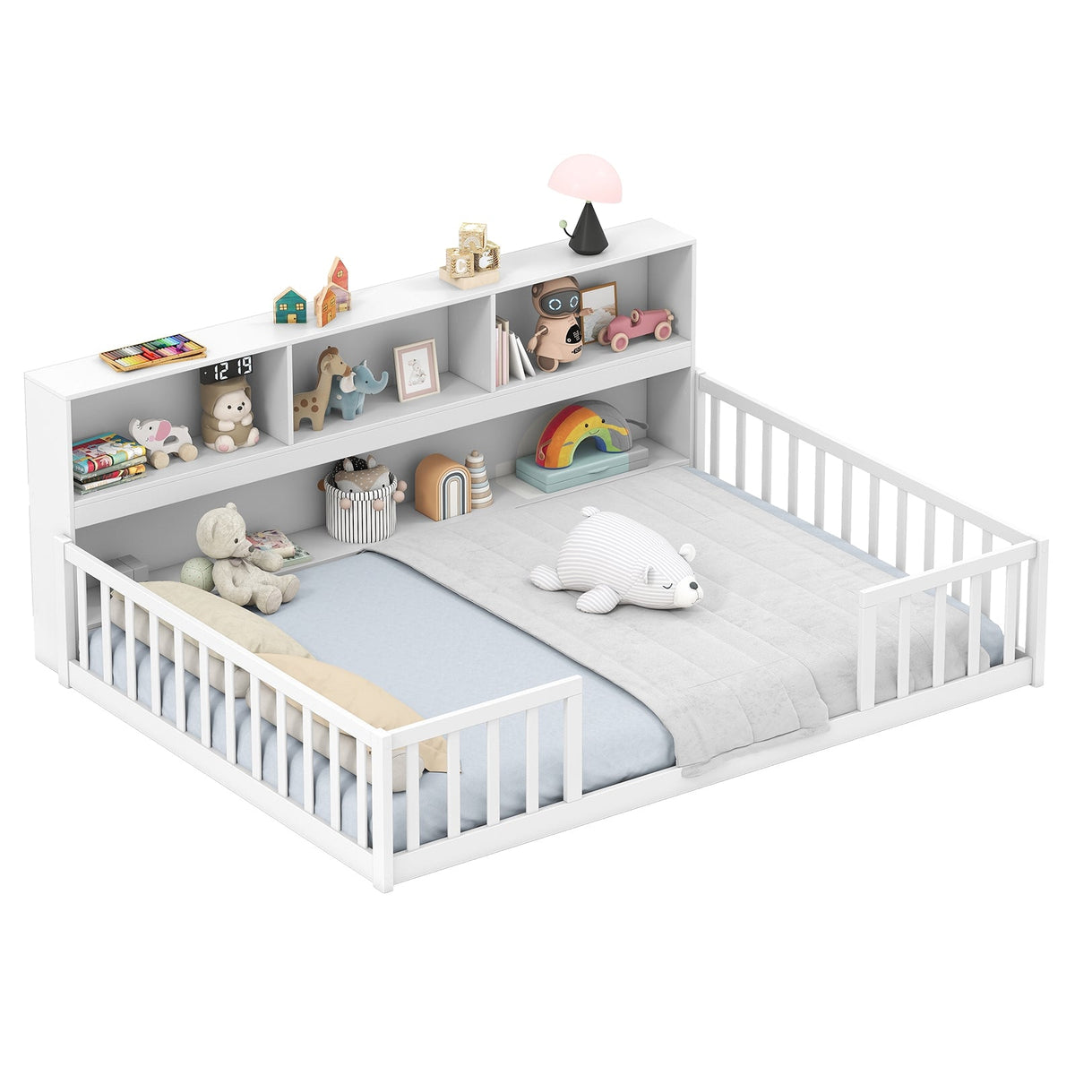 Full Size Montessori Floor Bed with Bookcase-Trundle Bed Frame-DECOROLALA