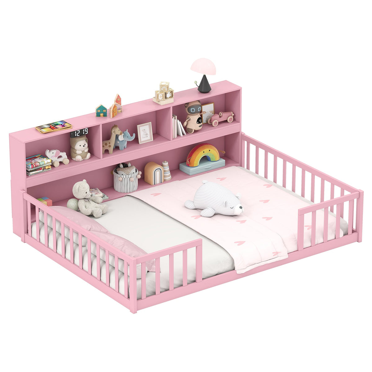 Full Size Montessori Floor Bed with Bookcase-Trundle Bed Frame-DECOROLALA
