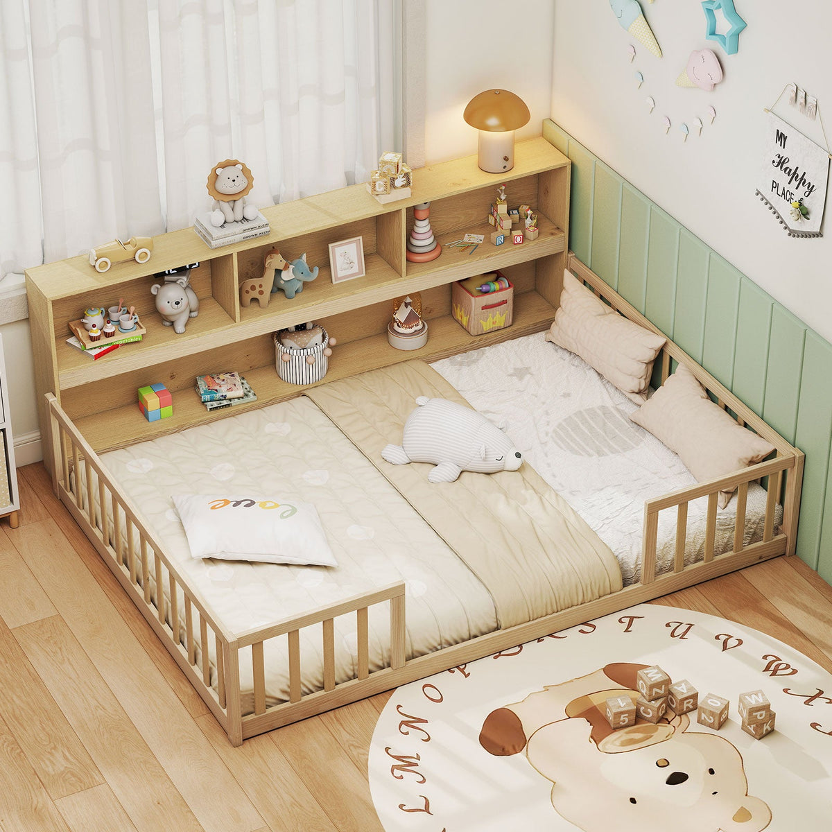 Full Size Montessori Floor Bed with Bookcase-Trundle Bed Frame-DECOROLALA