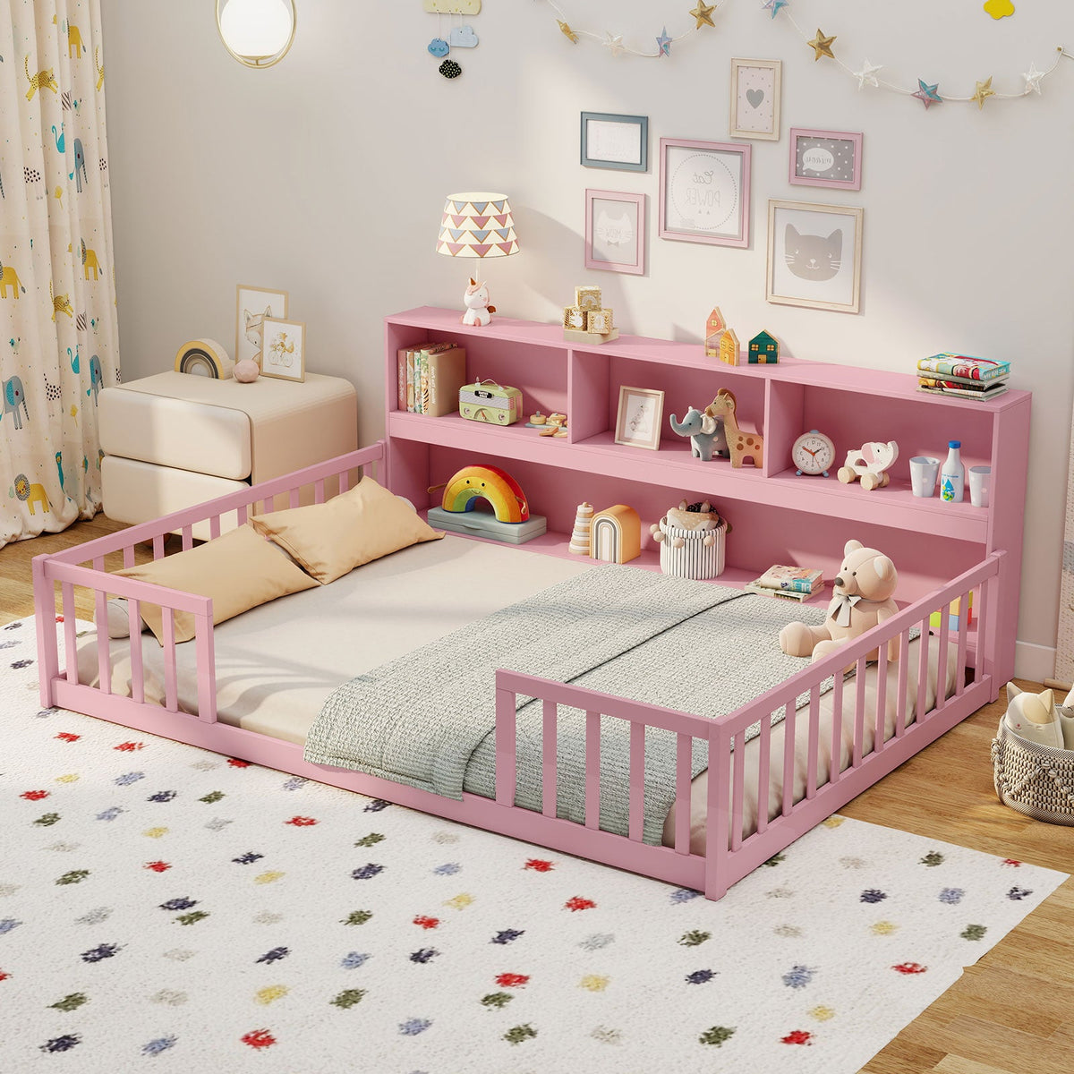 Full Size Montessori Floor Bed with Bookcase-Trundle Bed Frame-DECOROLALA