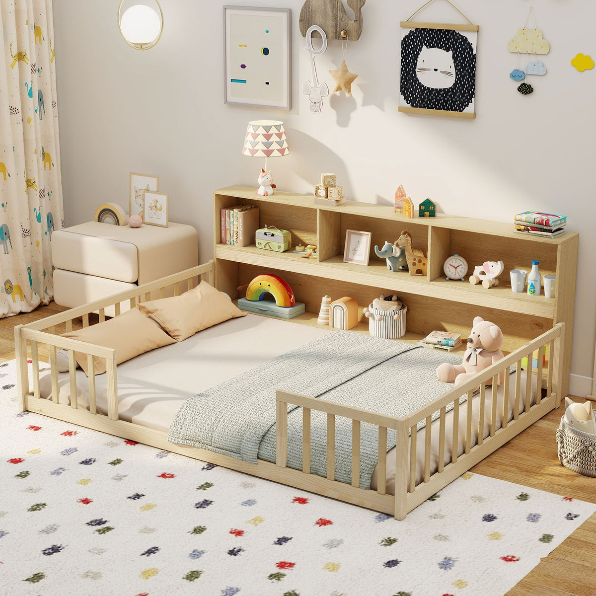 Full Size Montessori Floor Bed with Bookcase-Trundle Bed Frame-DECOROLALA
