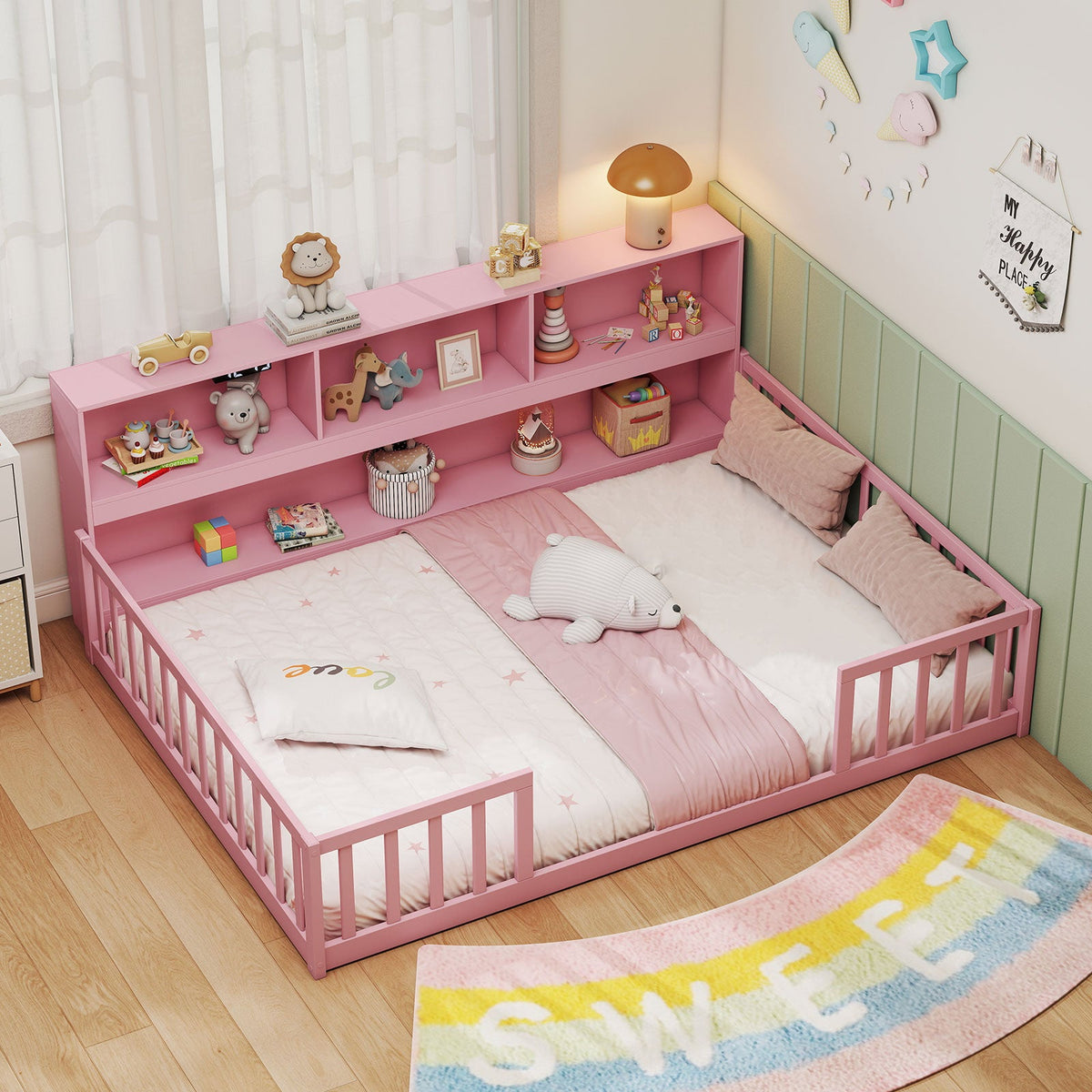 Full Size Montessori Floor Bed with Bookcase-Trundle Bed Frame-DECOROLALA