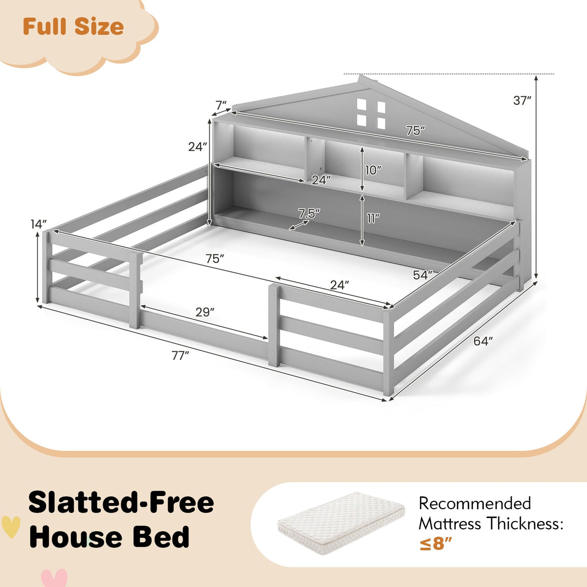 Full Size Montessori Floor Bed with Storage Compartments and Shelf-Trundle Bed Frame-DECOROLALA