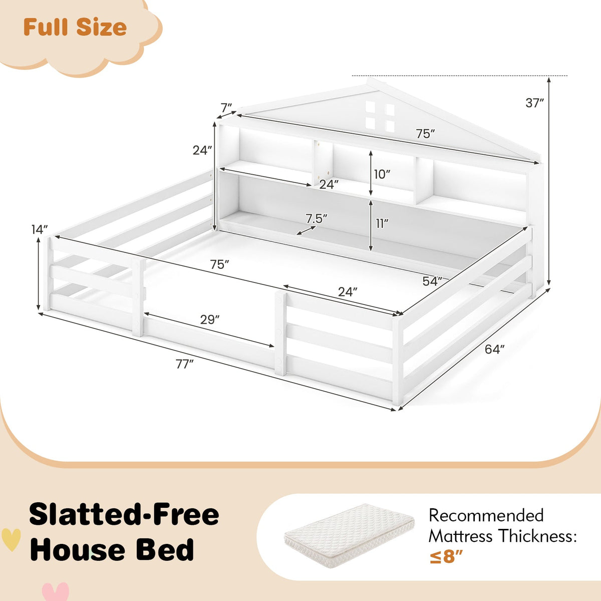 Full Size Montessori Floor Bed with Storage Compartments and Shelf-Trundle Bed Frame-DECOROLALA