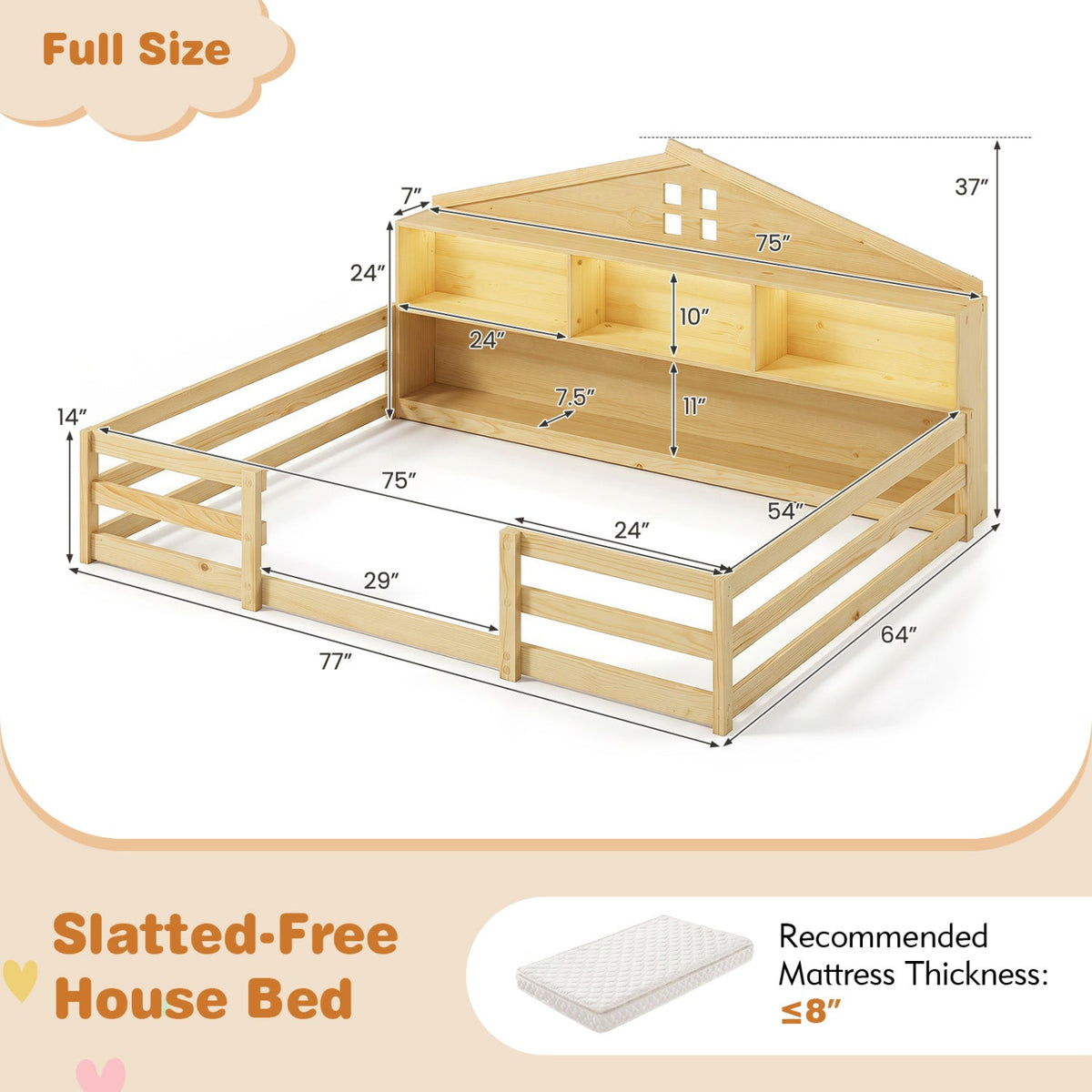 Full Size Montessori Floor Bed with Storage Compartments and Shelf-Trundle Bed Frame-DECOROLALA