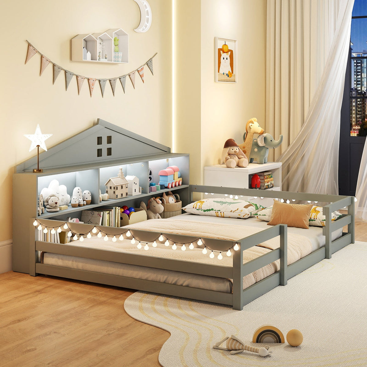 Full Size Montessori Floor Bed with Storage Compartments and Shelf-Trundle Bed Frame-DECOROLALA