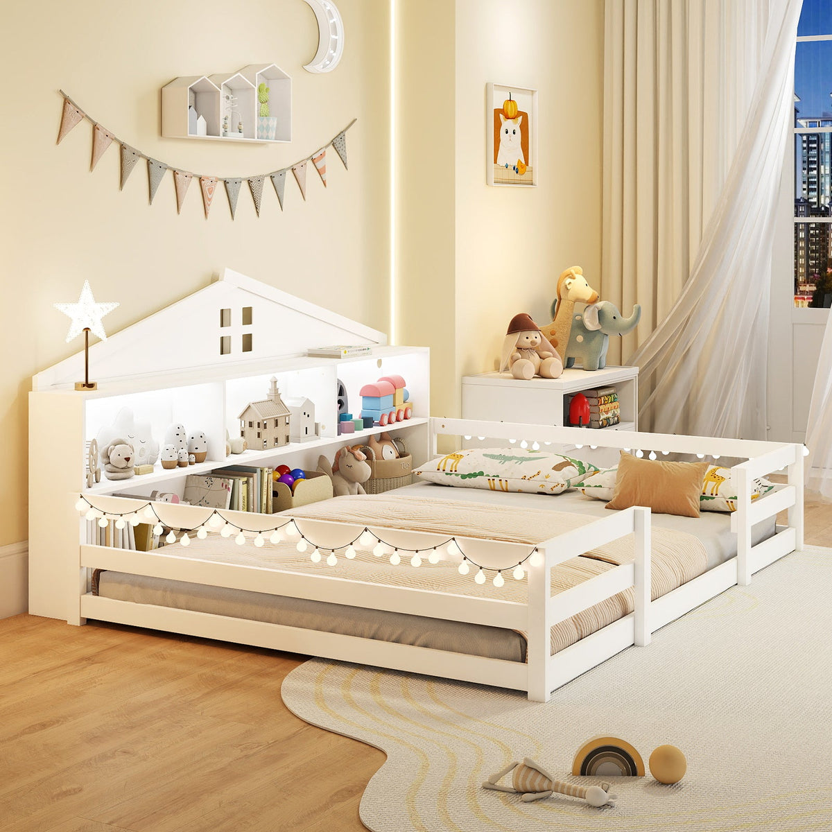 Full Size Montessori Floor Bed with Storage Compartments and Shelf-Trundle Bed Frame-DECOROLALA