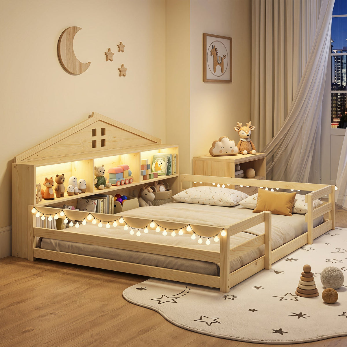 Full Size Montessori Floor Bed with Storage Compartments and Shelf-Trundle Bed Frame-DECOROLALA