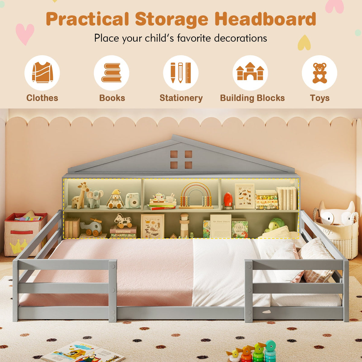 Full Size Montessori Floor Bed with Storage Compartments and Shelf-Trundle Bed Frame-DECOROLALA