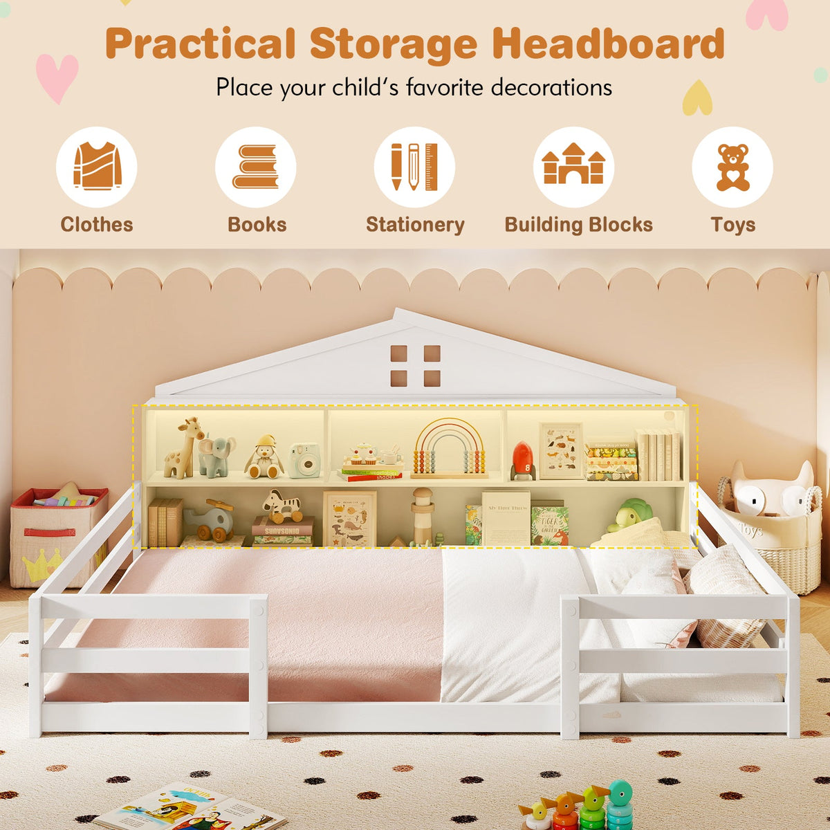 Full Size Montessori Floor Bed with Storage Compartments and Shelf-Trundle Bed Frame-DECOROLALA