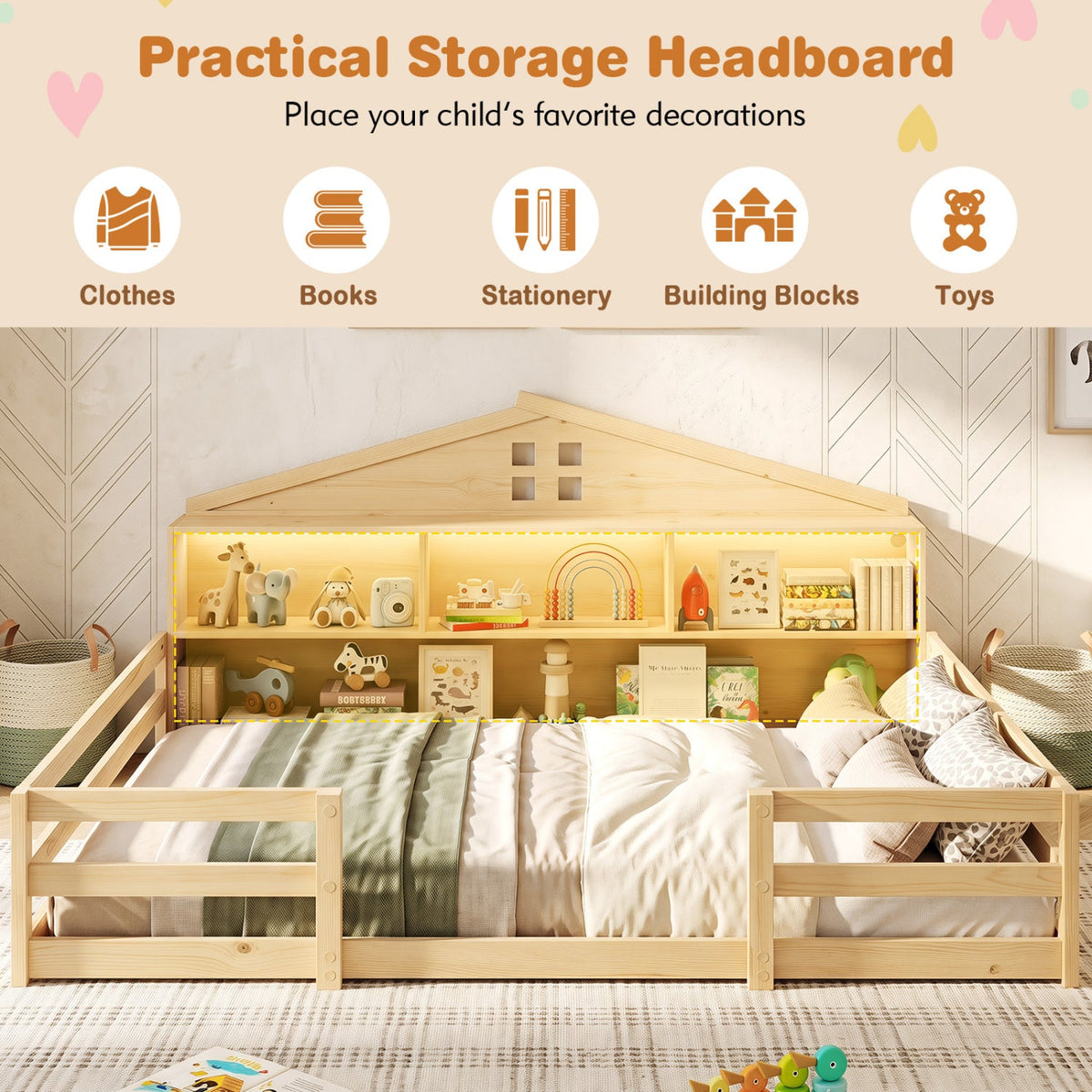 Full Size Montessori Floor Bed with Storage Compartments and Shelf-Trundle Bed Frame-DECOROLALA