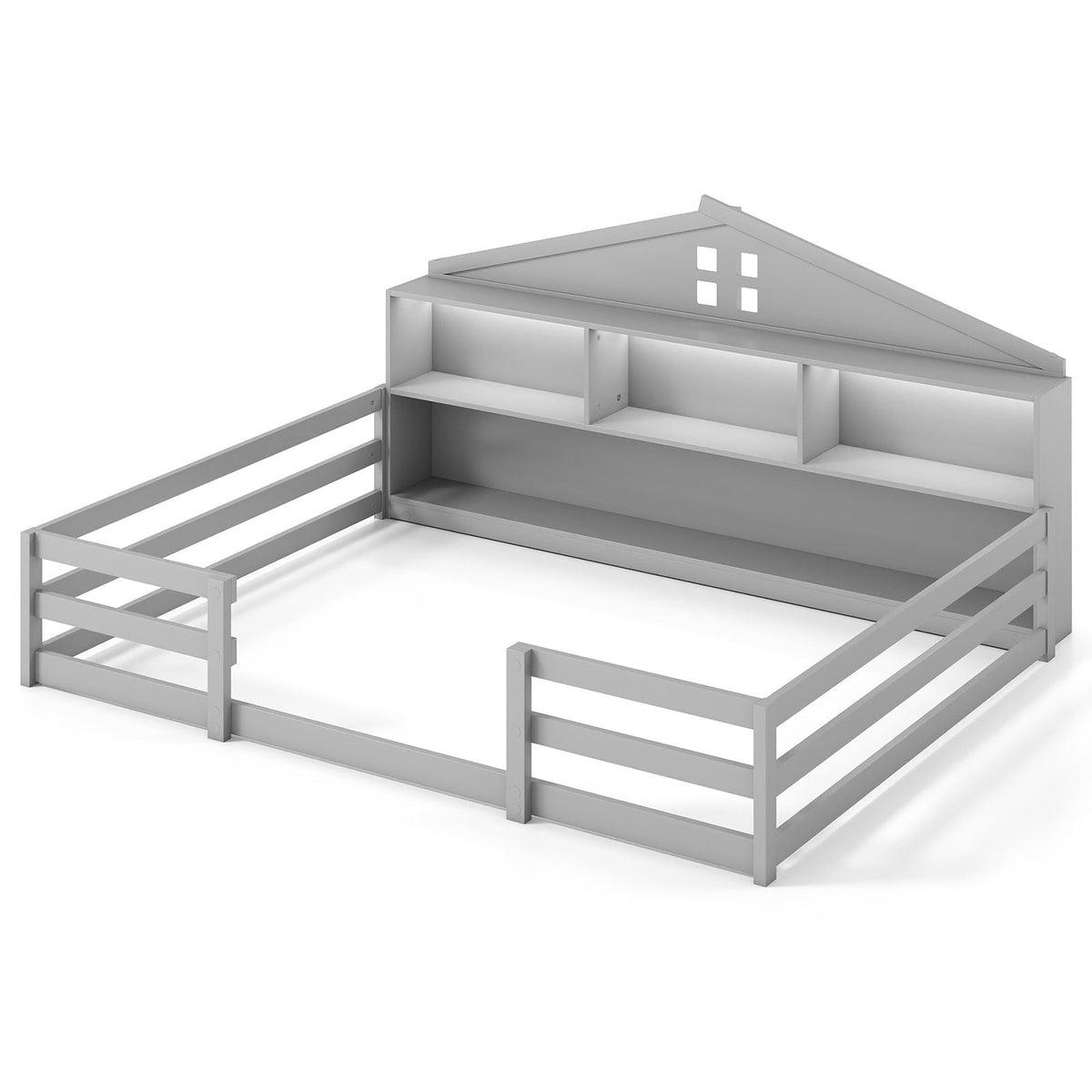 Full Size Montessori Floor Bed with Storage Compartments and Shelf-Trundle Bed Frame-DECOROLALA