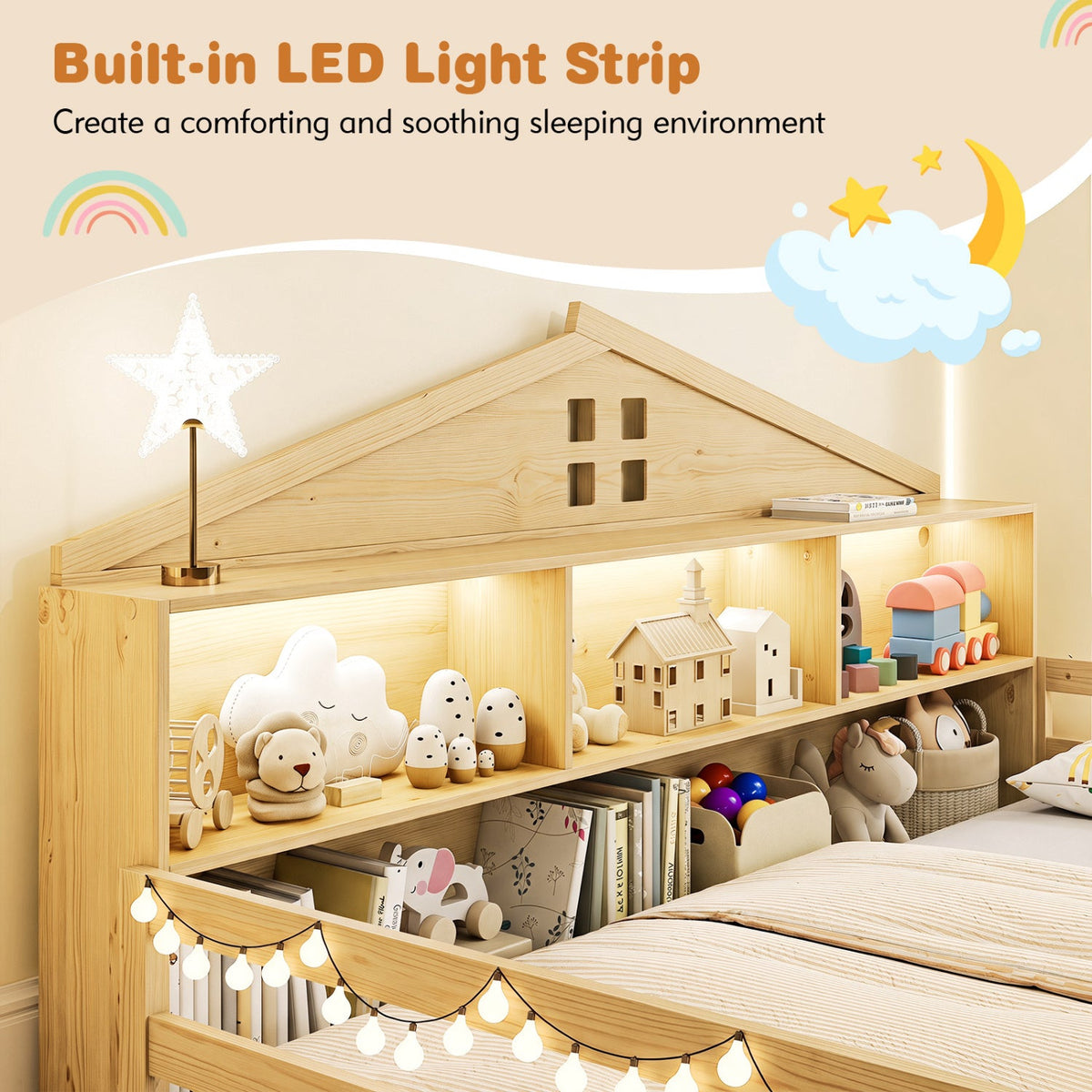 Full Size Montessori Floor Bed with Storage Compartments and Shelf-Trundle Bed Frame-DECOROLALA
