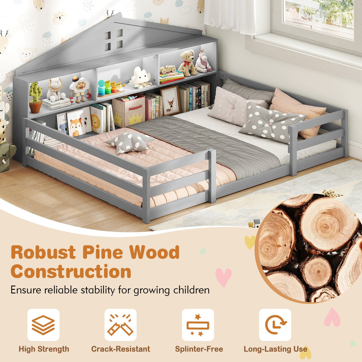 Full Size Montessori Floor Bed with Storage Compartments and Shelf-Trundle Bed Frame-DECOROLALA