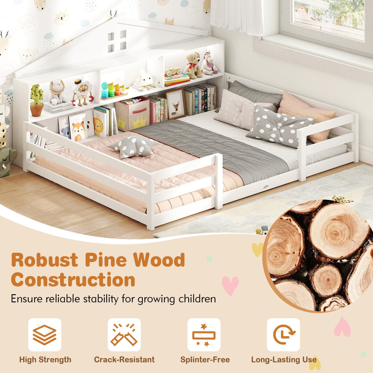 Full Size Montessori Floor Bed with Storage Compartments and Shelf-Trundle Bed Frame-DECOROLALA