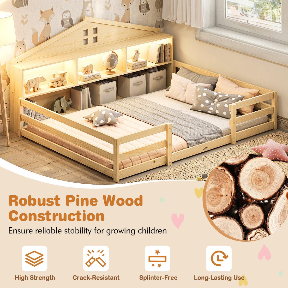Full Size Montessori Floor Bed with Storage Compartments and Shelf-Trundle Bed Frame-DECOROLALA