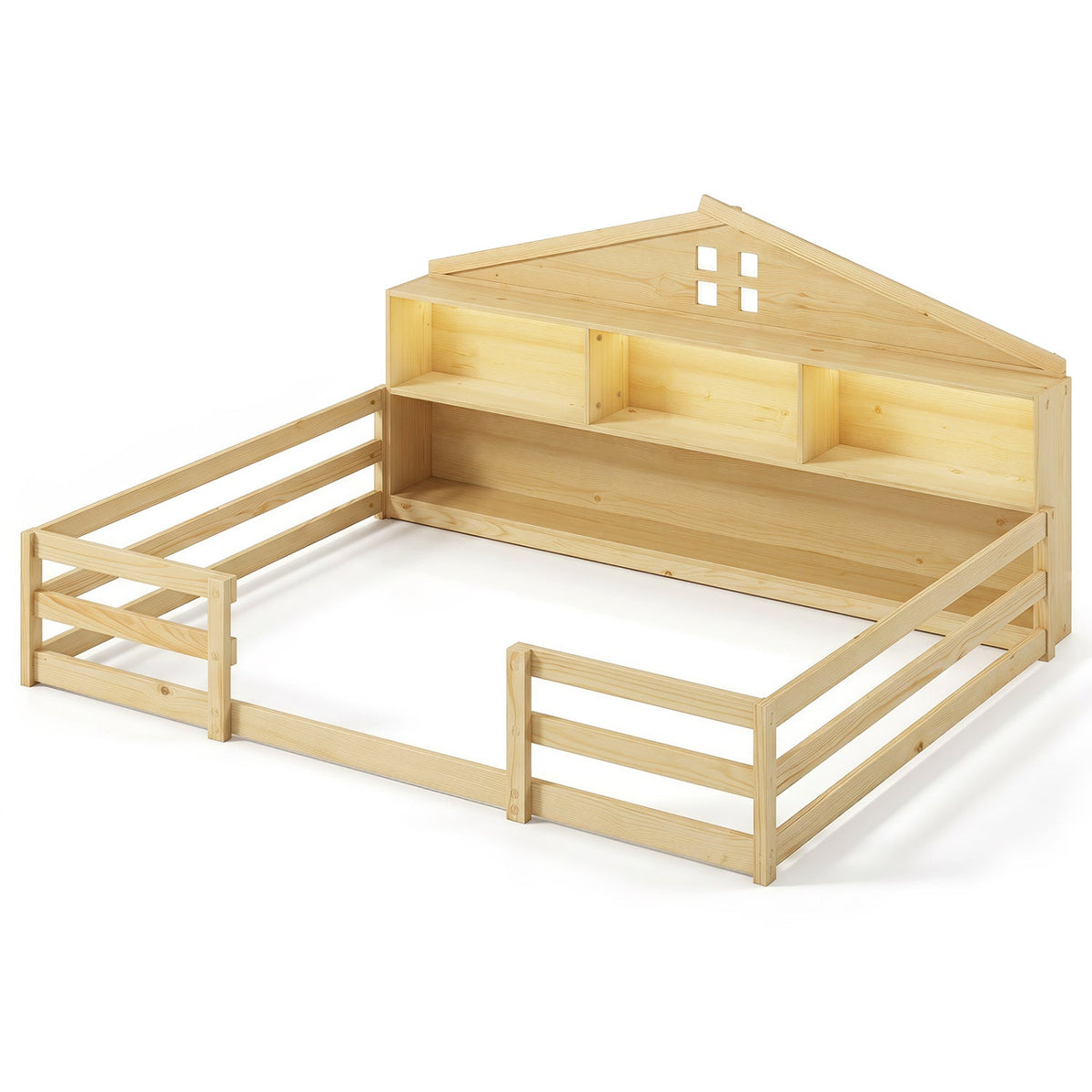 Full Size Montessori Floor Bed with Storage Compartments and Shelf-Trundle Bed Frame-DECOROLALA