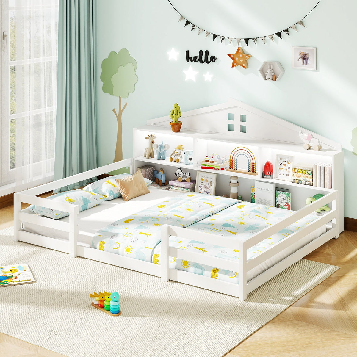 Full Size Montessori Floor Bed with Storage Compartments and Shelf-Trundle Bed Frame-DECOROLALA