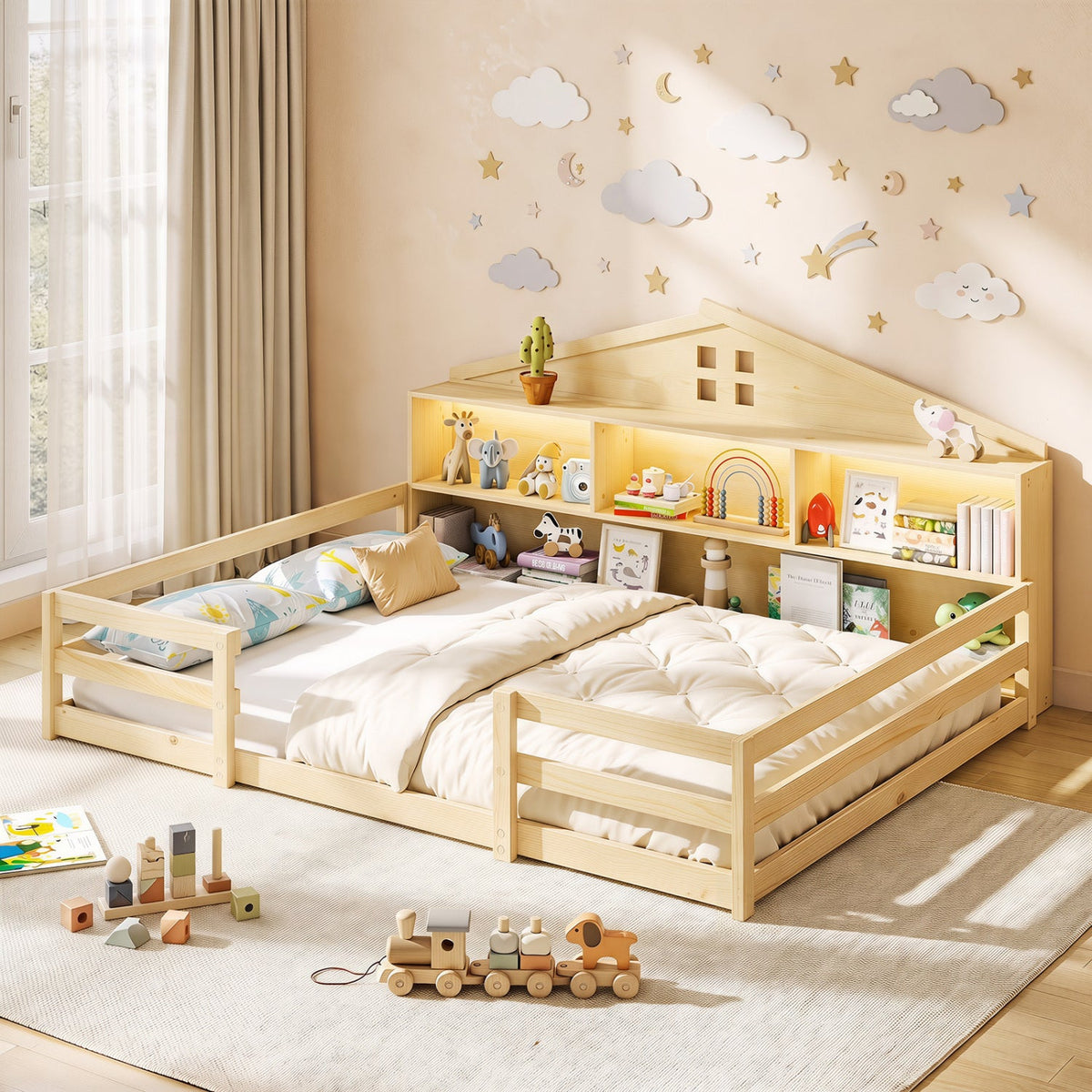 Full Size Montessori Floor Bed with Storage Compartments and Shelf-Trundle Bed Frame-DECOROLALA