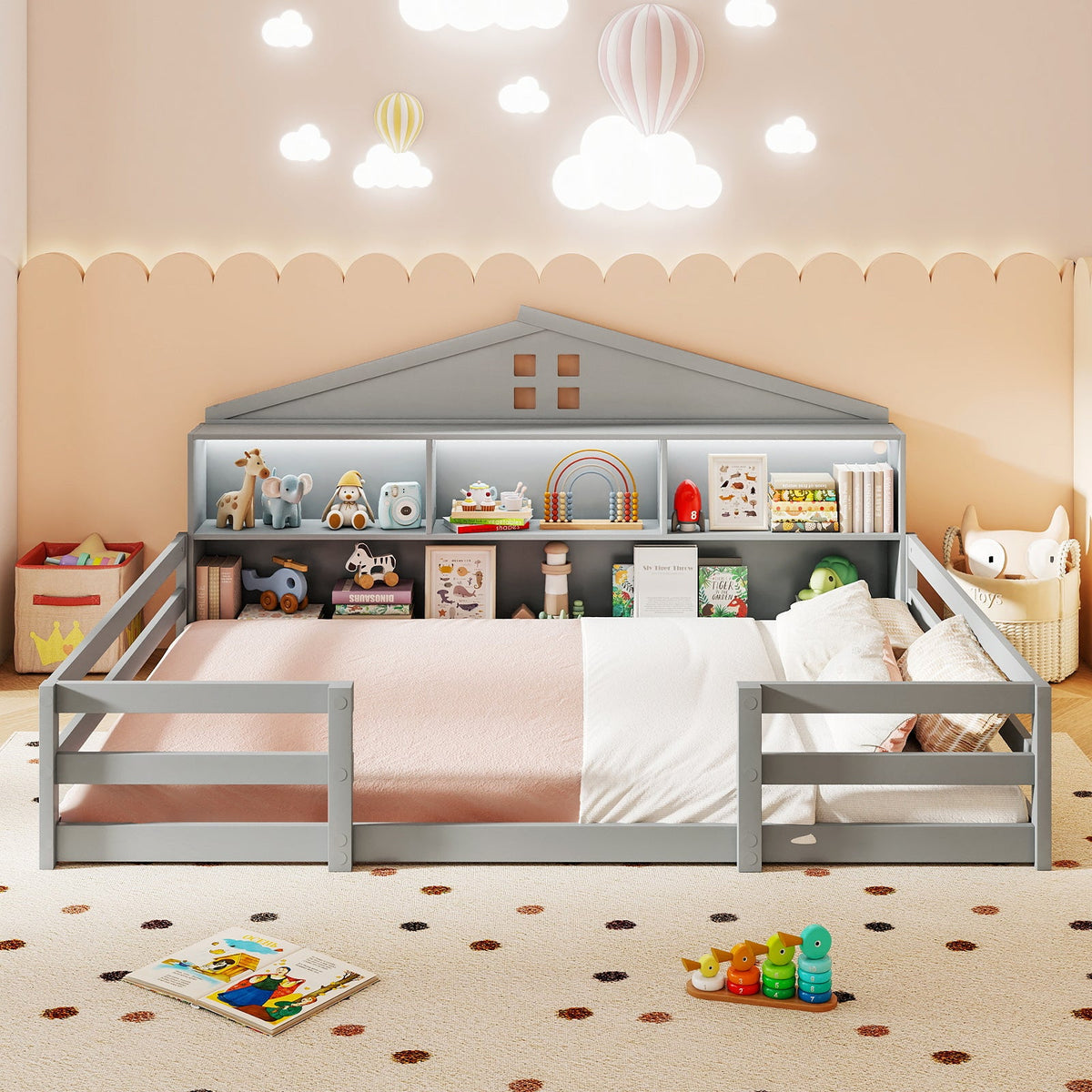 Full Size Montessori Floor Bed with Storage Compartments and Shelf-Trundle Bed Frame-DECOROLALA