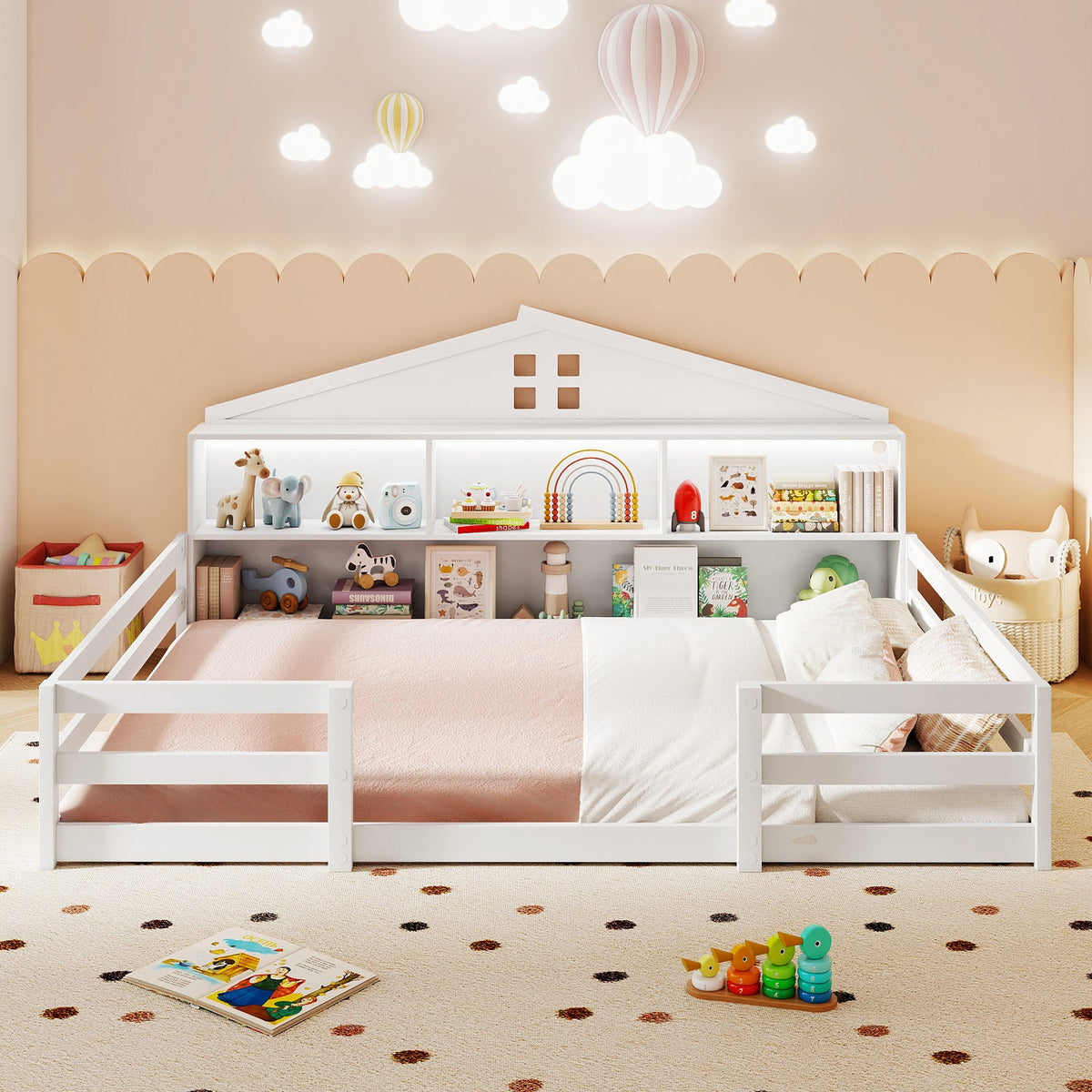 Full Size Montessori Floor Bed with Storage Compartments and Shelf-Trundle Bed Frame-DECOROLALA