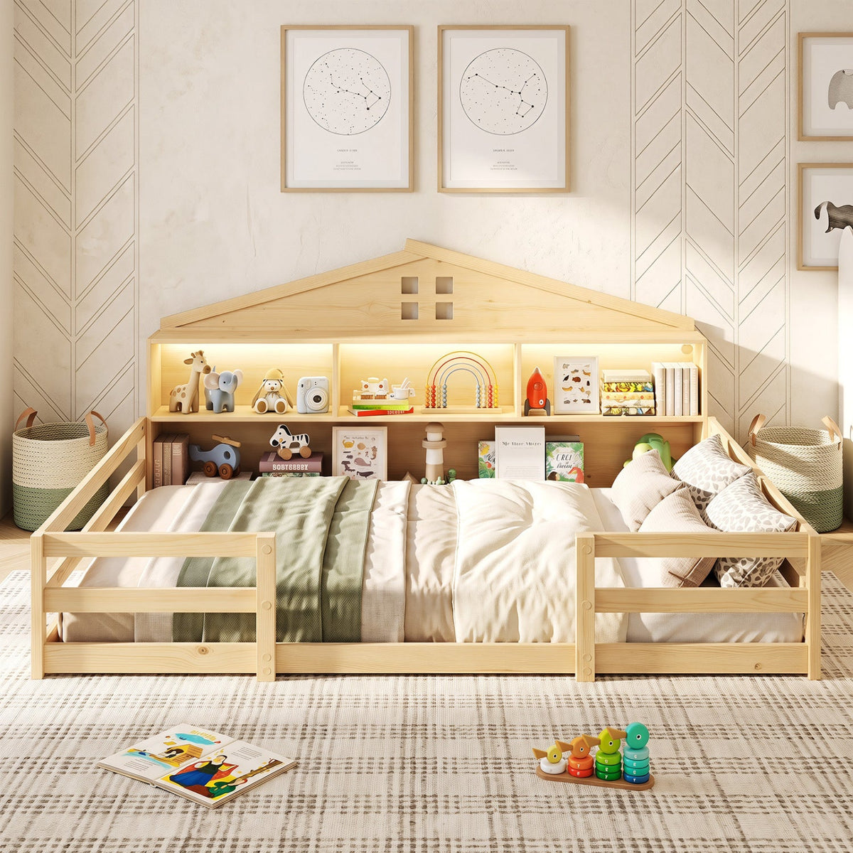 Full Size Montessori Floor Bed with Storage Compartments and Shelf-Trundle Bed Frame-DECOROLALA