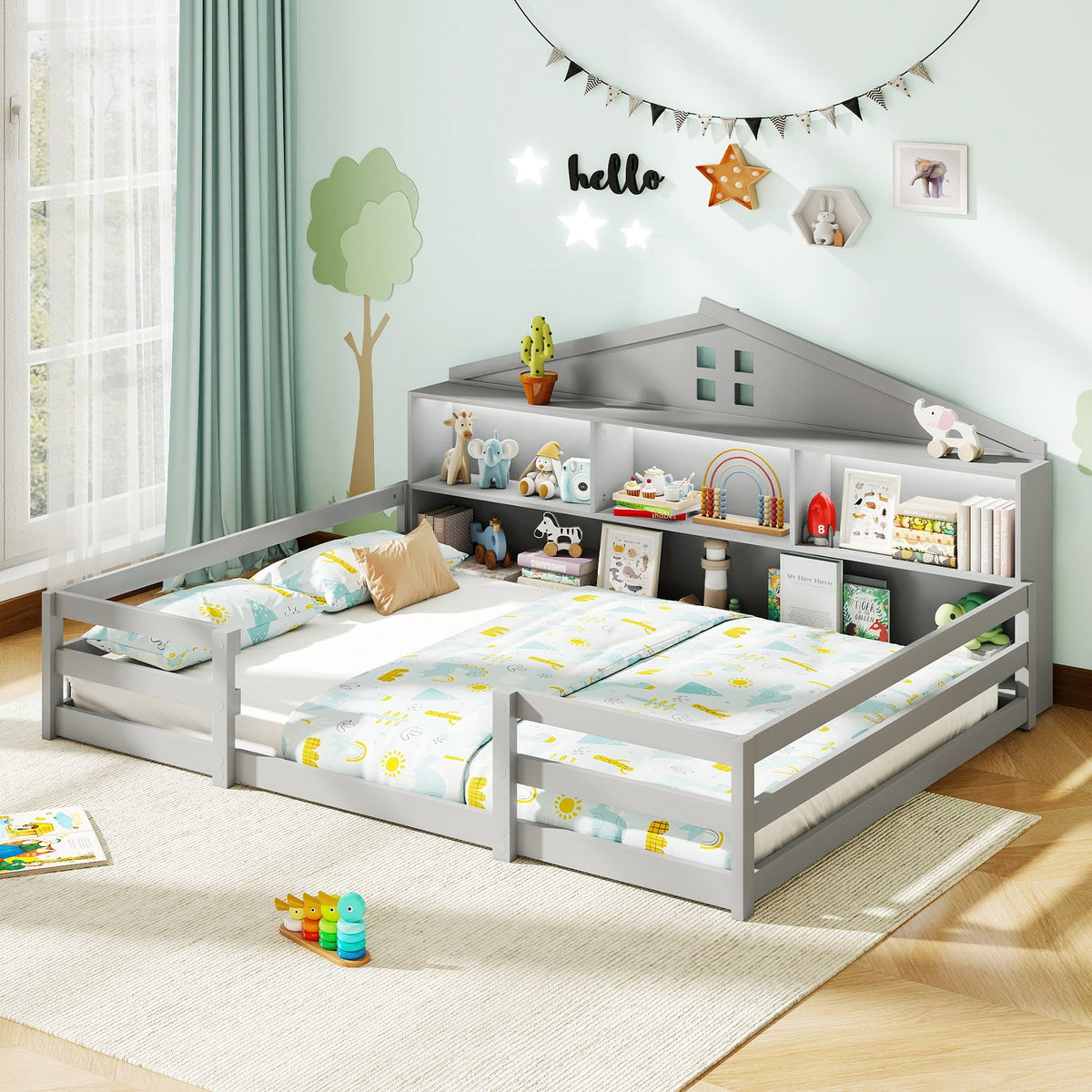 Full Size Montessori Floor Bed with Storage Compartments and Shelf-Trundle Bed Frame-DECOROLALA