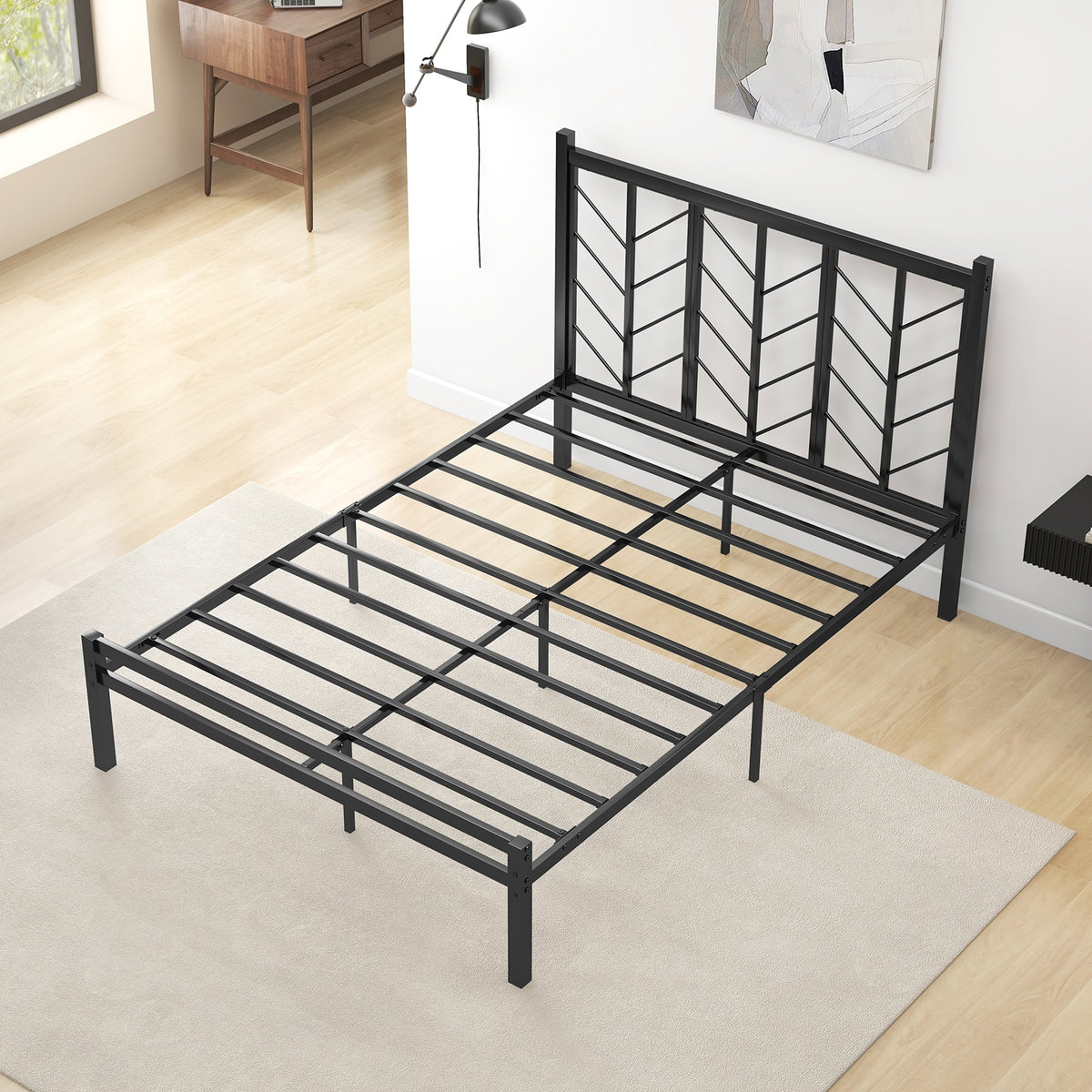 Full Size Platform Bed with Headboard and Metal Frame-Full Size-Simple Bed Frame-DECOROLALA