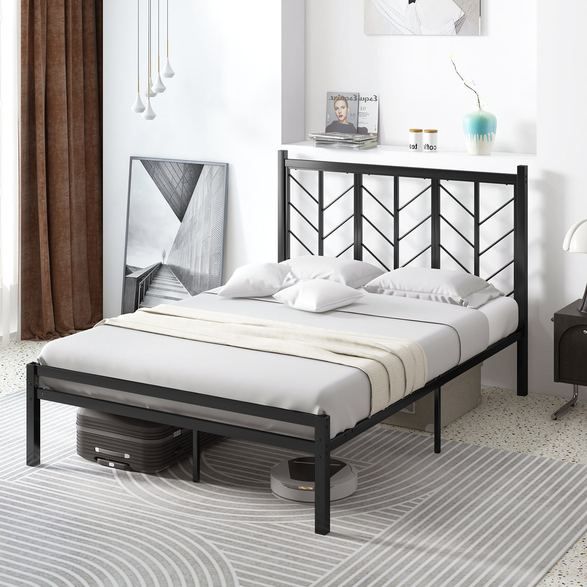 Full Size Platform Bed with Headboard and Metal Frame-Full Size-Simple Bed Frame-DECOROLALA