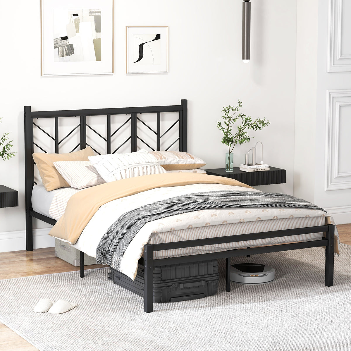 Full Size Platform Bed with Headboard and Metal Frame-Full Size-Simple Bed Frame-DECOROLALA